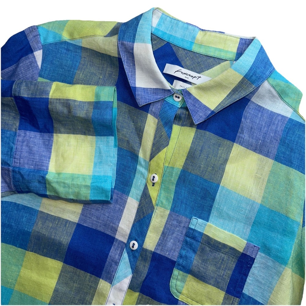 Foxcroft Button Up Shirt Women 14P Blue‎ Green Plaid Short Sleeve Relaxed Fit